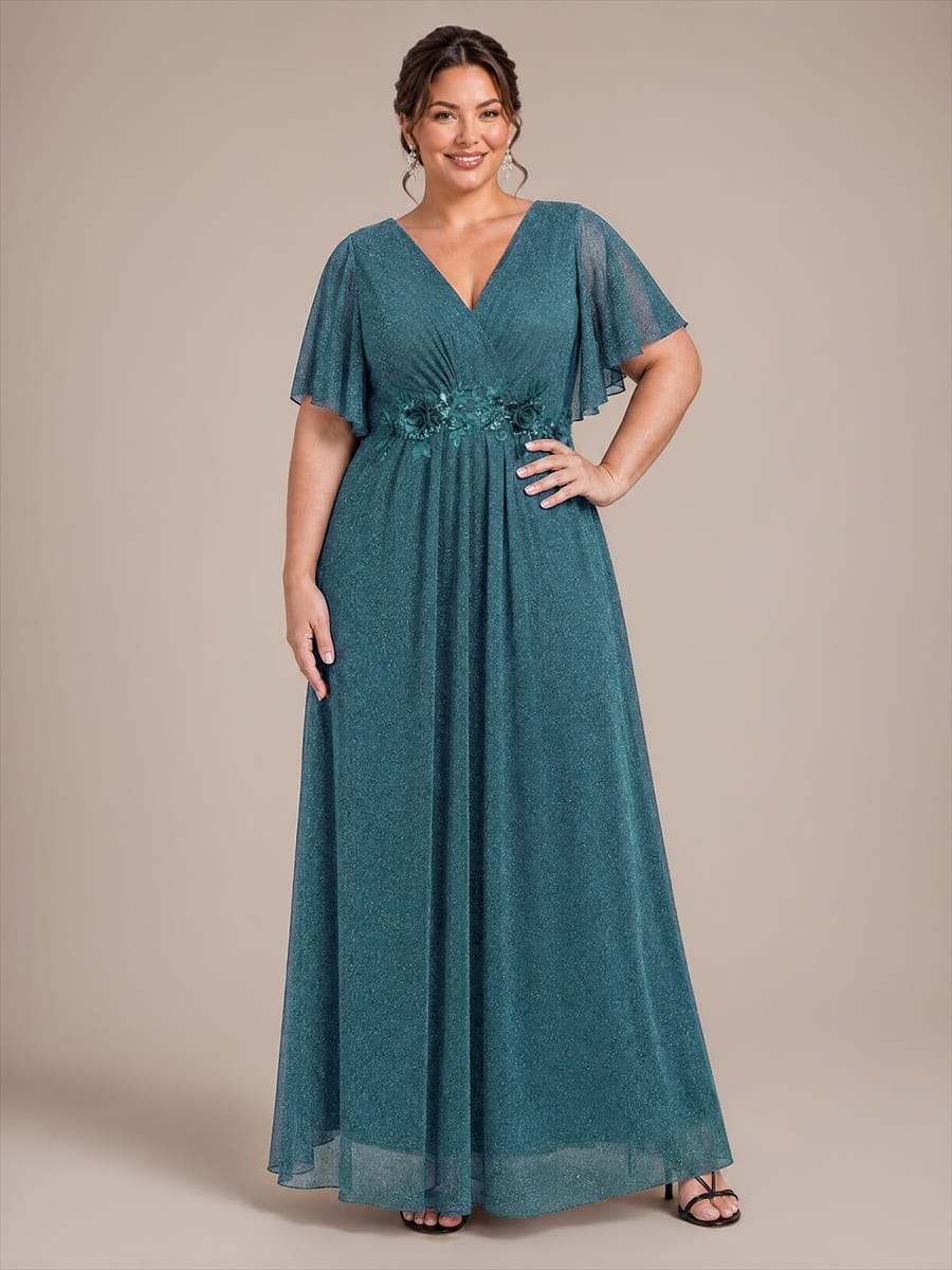 Pleated Lurex Mesh Ruffle Sleeve Evening Dress