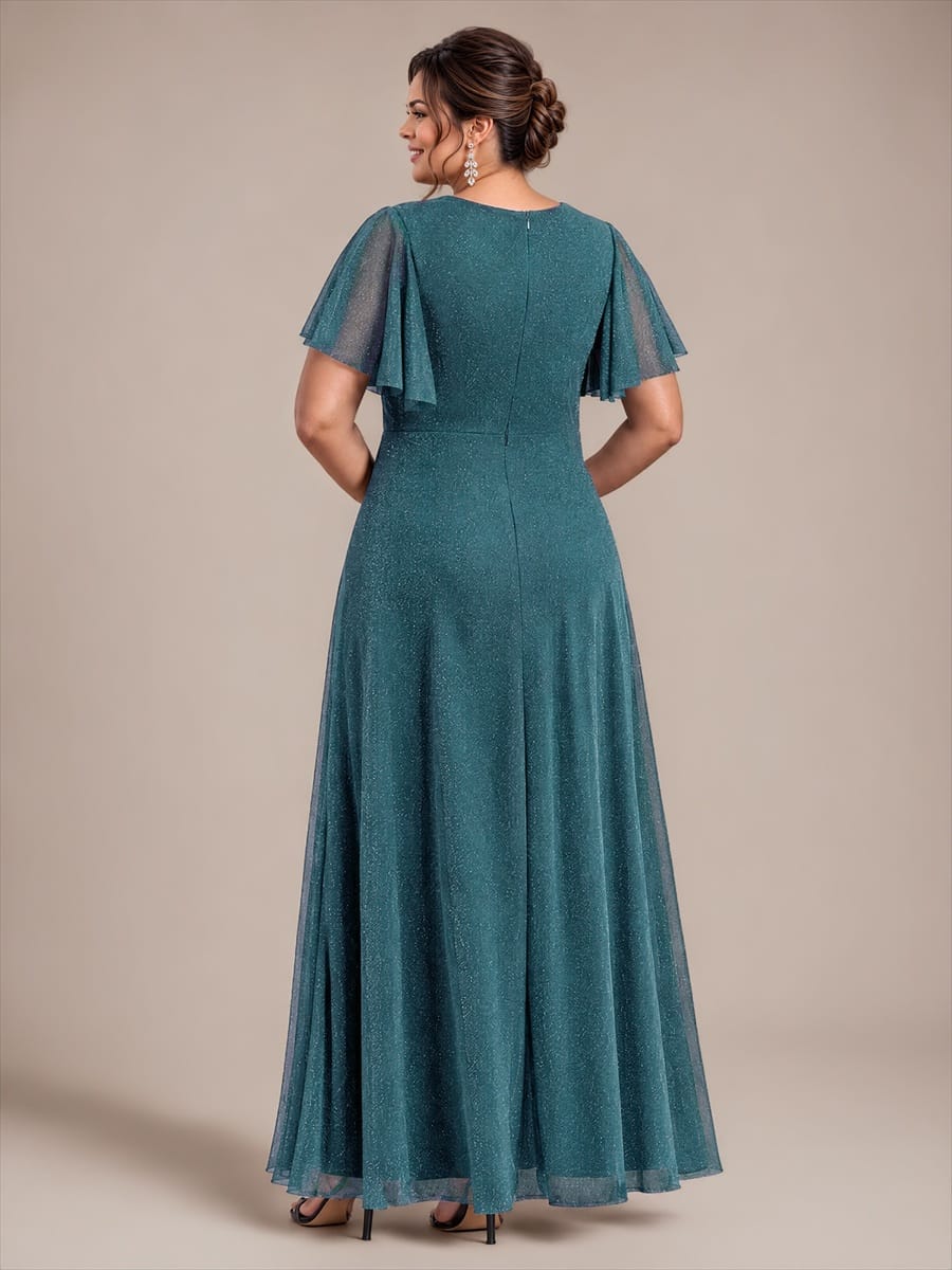 Pleated Lurex Mesh Ruffle Sleeve Evening Dress