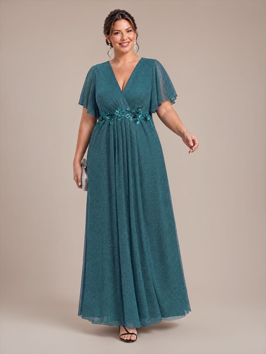 Pleated Lurex Mesh Ruffle Sleeve Evening Dress