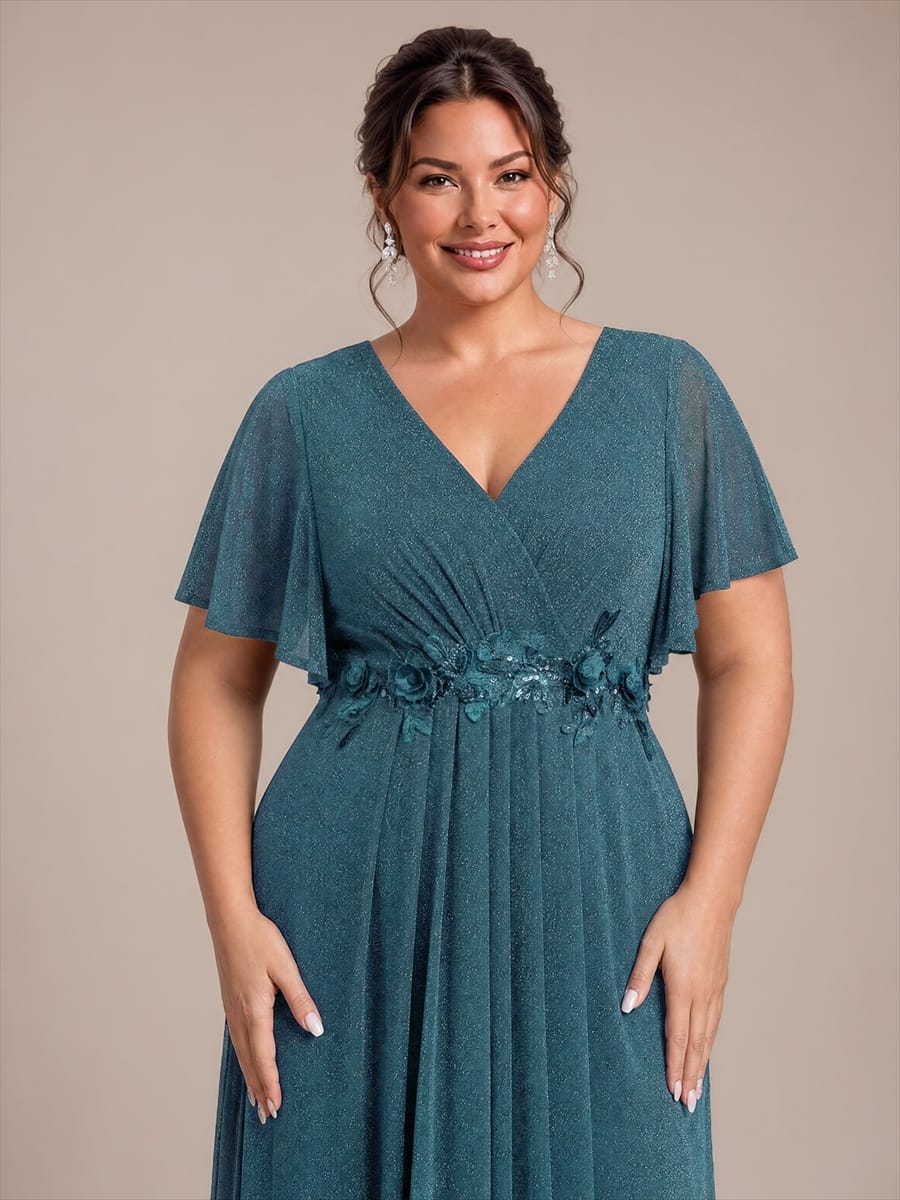 Pleated Lurex Mesh Ruffle Sleeve Evening Dress