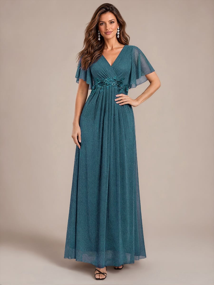 Pleated Lurex Mesh Ruffle Sleeve Evening Dress