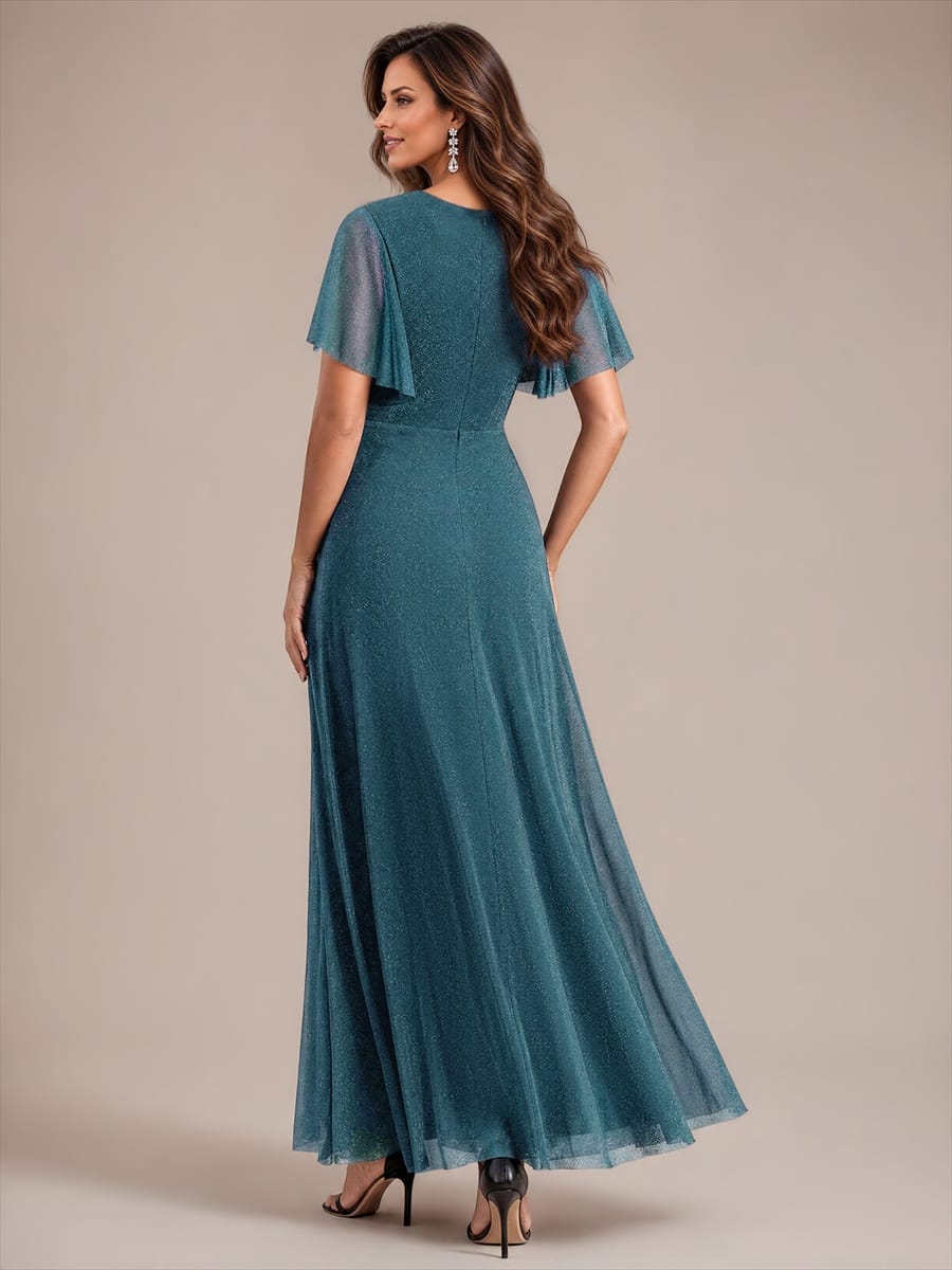 Pleated Lurex Mesh Ruffle Sleeve Evening Dress