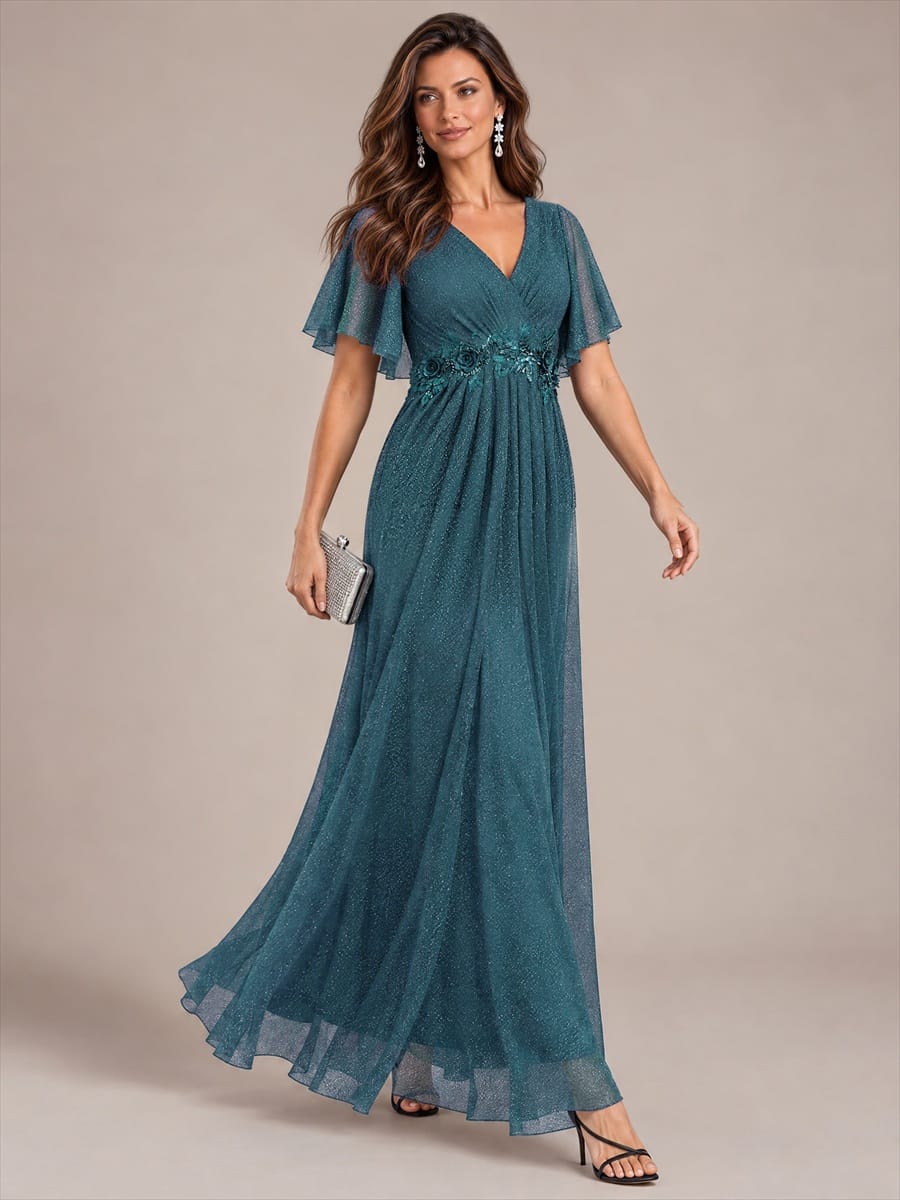 Pleated Lurex Mesh Ruffle Sleeve Evening Dress