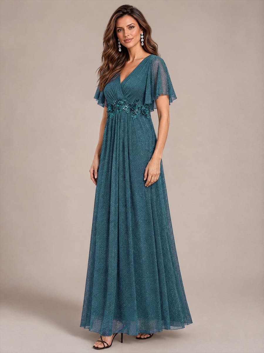 Pleated Lurex Mesh Ruffle Sleeve Evening Dress