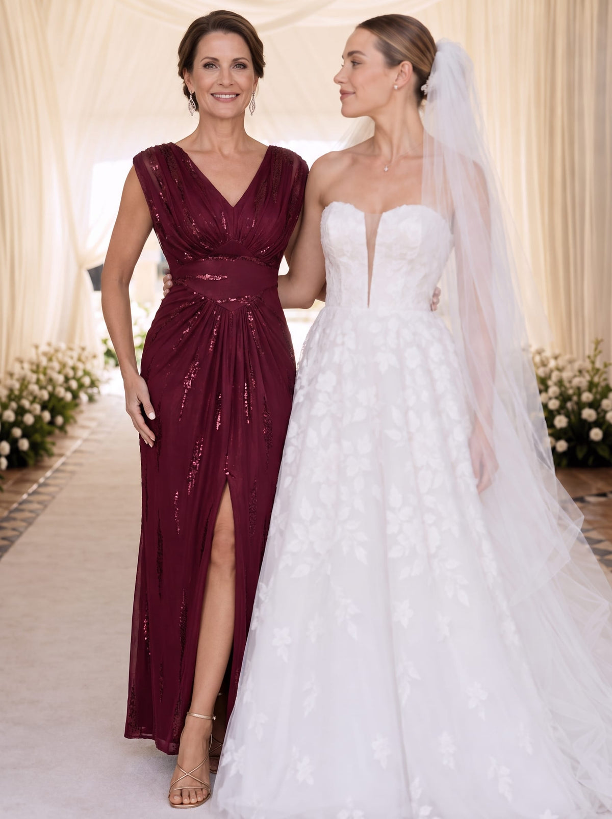 Tulle Sequin V Neck Batwing Sleeve Maxi Mother of the Bride Dress