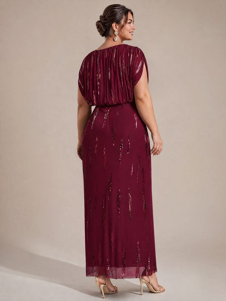 Tulle Sequin V Neck Batwing Sleeve Maxi Mother of the Bride Dress
