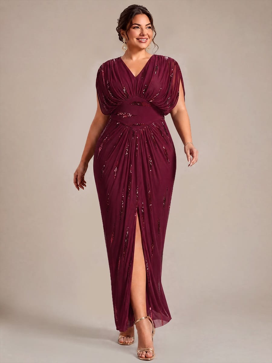 Tulle Sequin V Neck Batwing Sleeve Maxi Mother of the Bride Dress