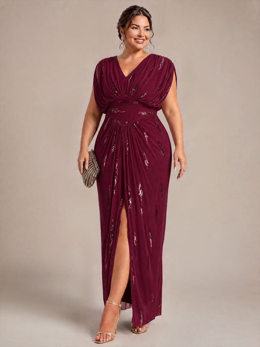 Tulle Sequin V Neck Batwing Sleeve Maxi Mother of the Bride Dress