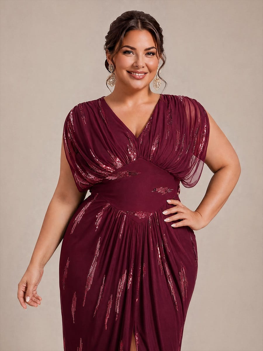 Tulle Sequin V Neck Batwing Sleeve Maxi Mother of the Bride Dress