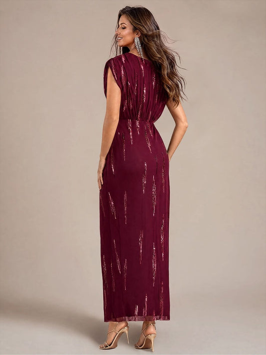 Tulle Sequin V Neck Batwing Sleeve Maxi Mother of the Bride Dress