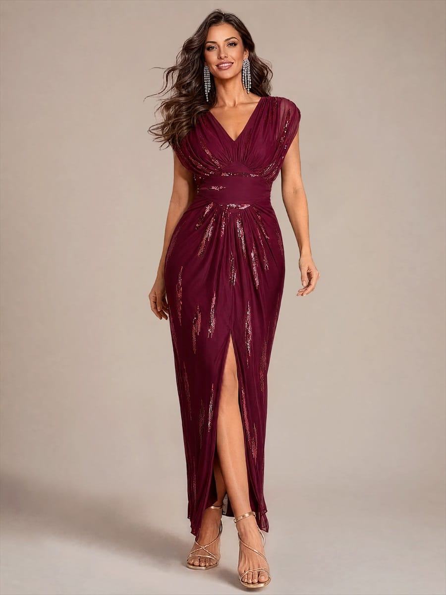 Tulle Sequin V Neck Batwing Sleeve Maxi Mother of the Bride Dress
