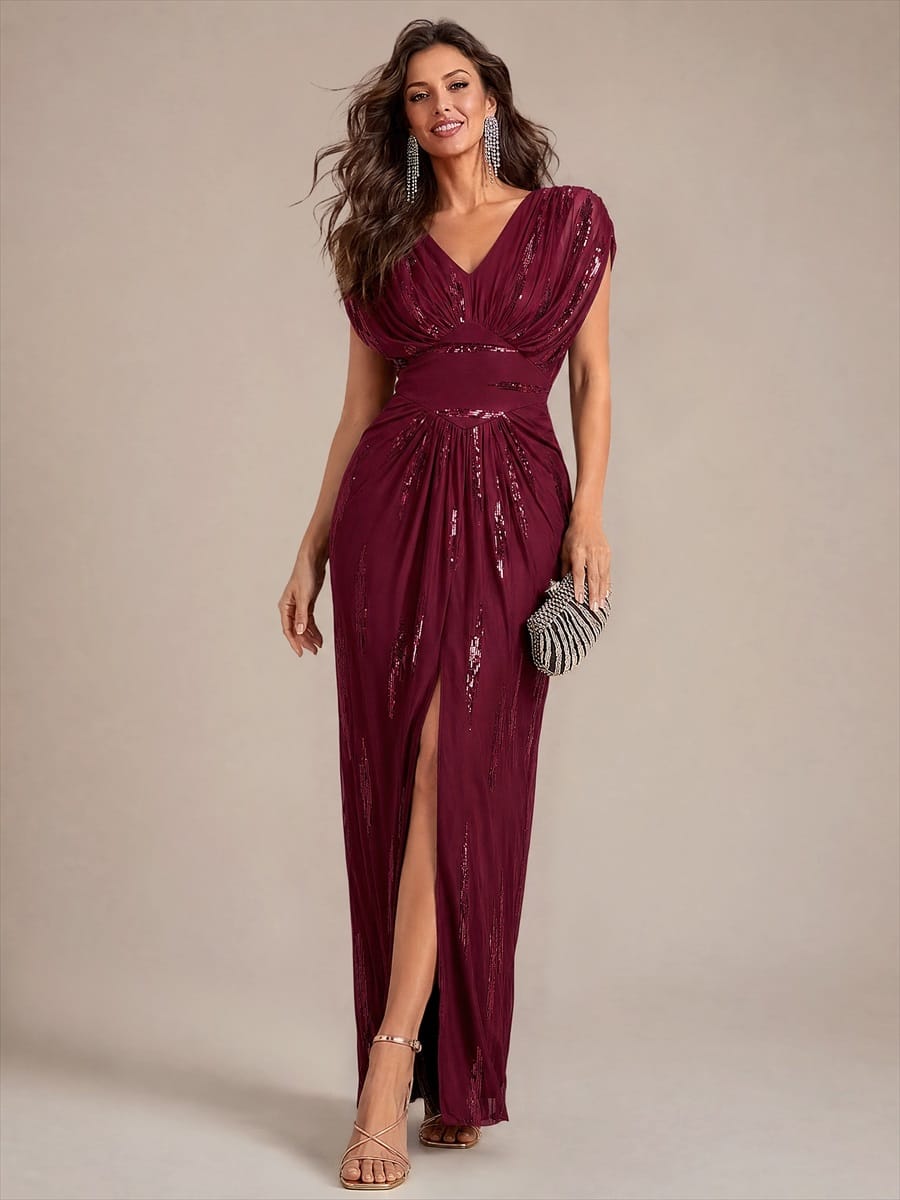 Tulle Sequin V Neck Batwing Sleeve Maxi Mother of the Bride Dress