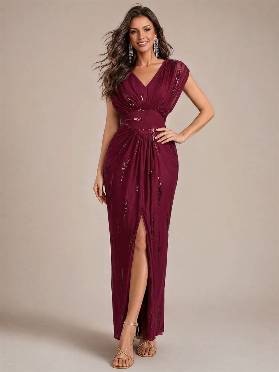 Tulle Sequin V Neck Batwing Sleeve Maxi Mother of the Bride Dress
