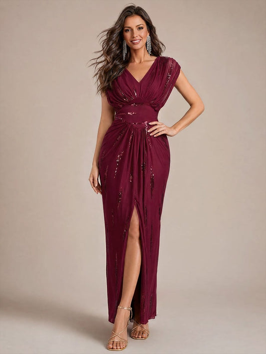 Tulle Sequin V Neck Batwing Sleeve Maxi Mother of the Bride Dress