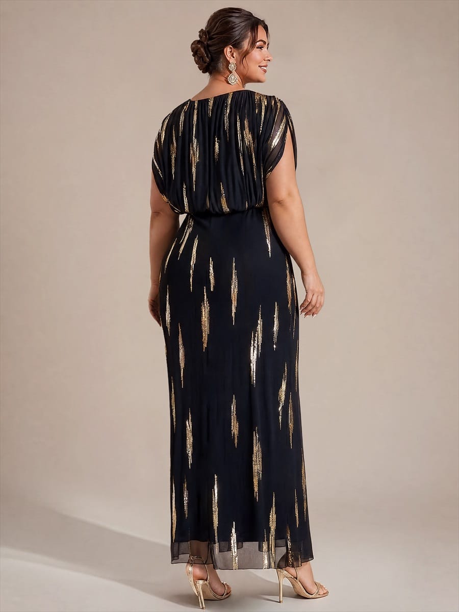 Tulle Sequin V Neck Batwing Sleeve Maxi Mother of the Bride Dress