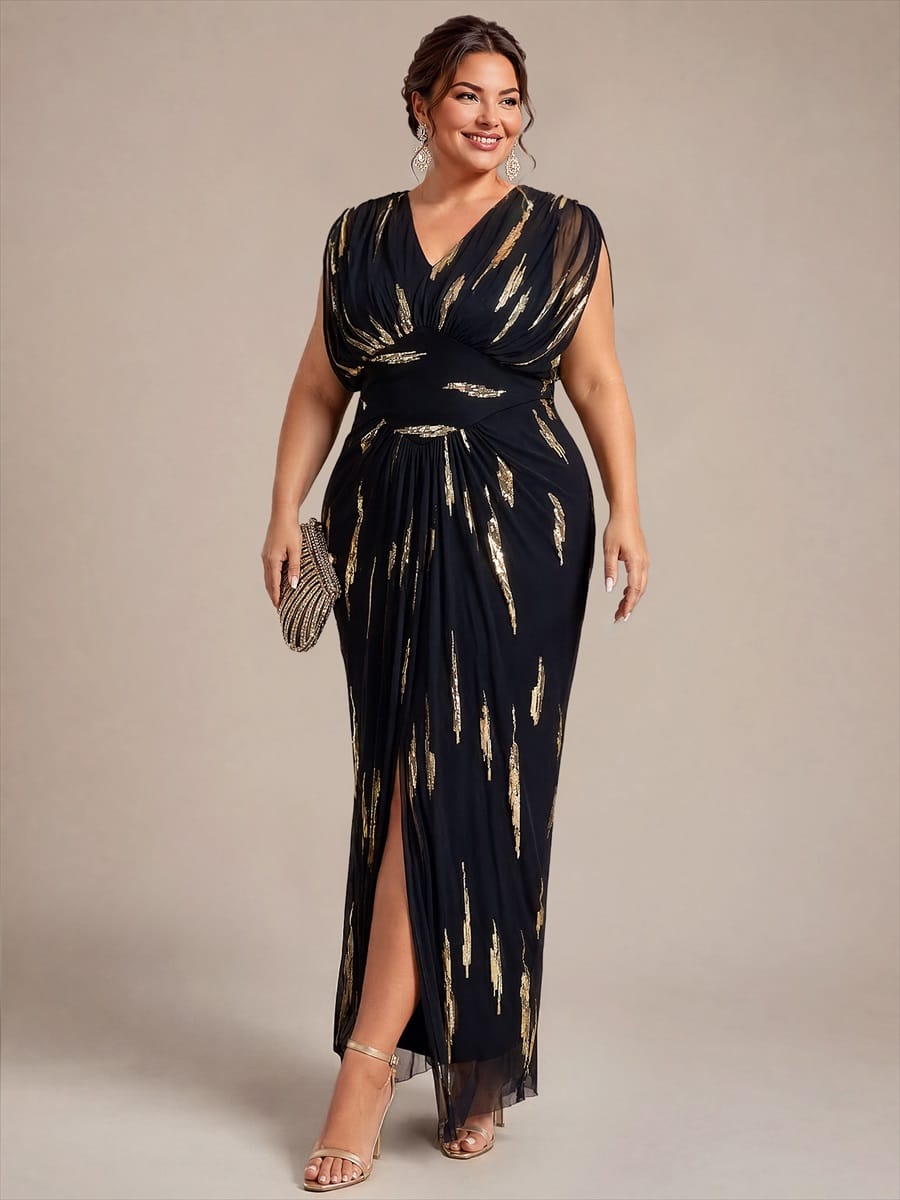 Tulle Sequin V Neck Batwing Sleeve Maxi Mother of the Bride Dress