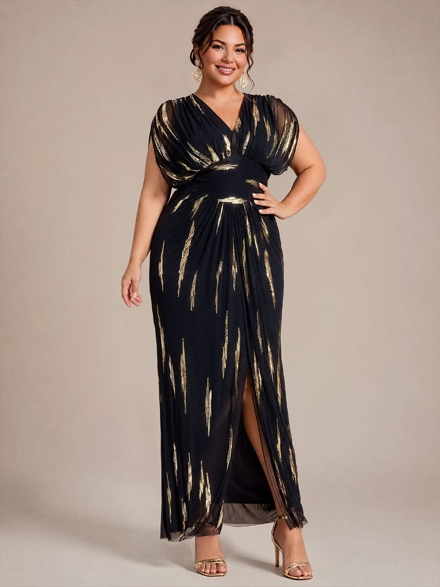 Tulle Sequin V Neck Batwing Sleeve Maxi Mother of the Bride Dress