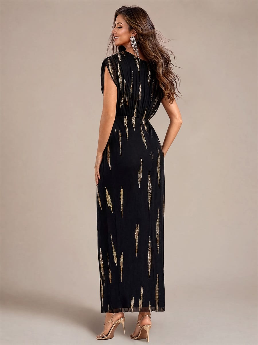 Tulle Sequin V Neck Batwing Sleeve Maxi Mother of the Bride Dress
