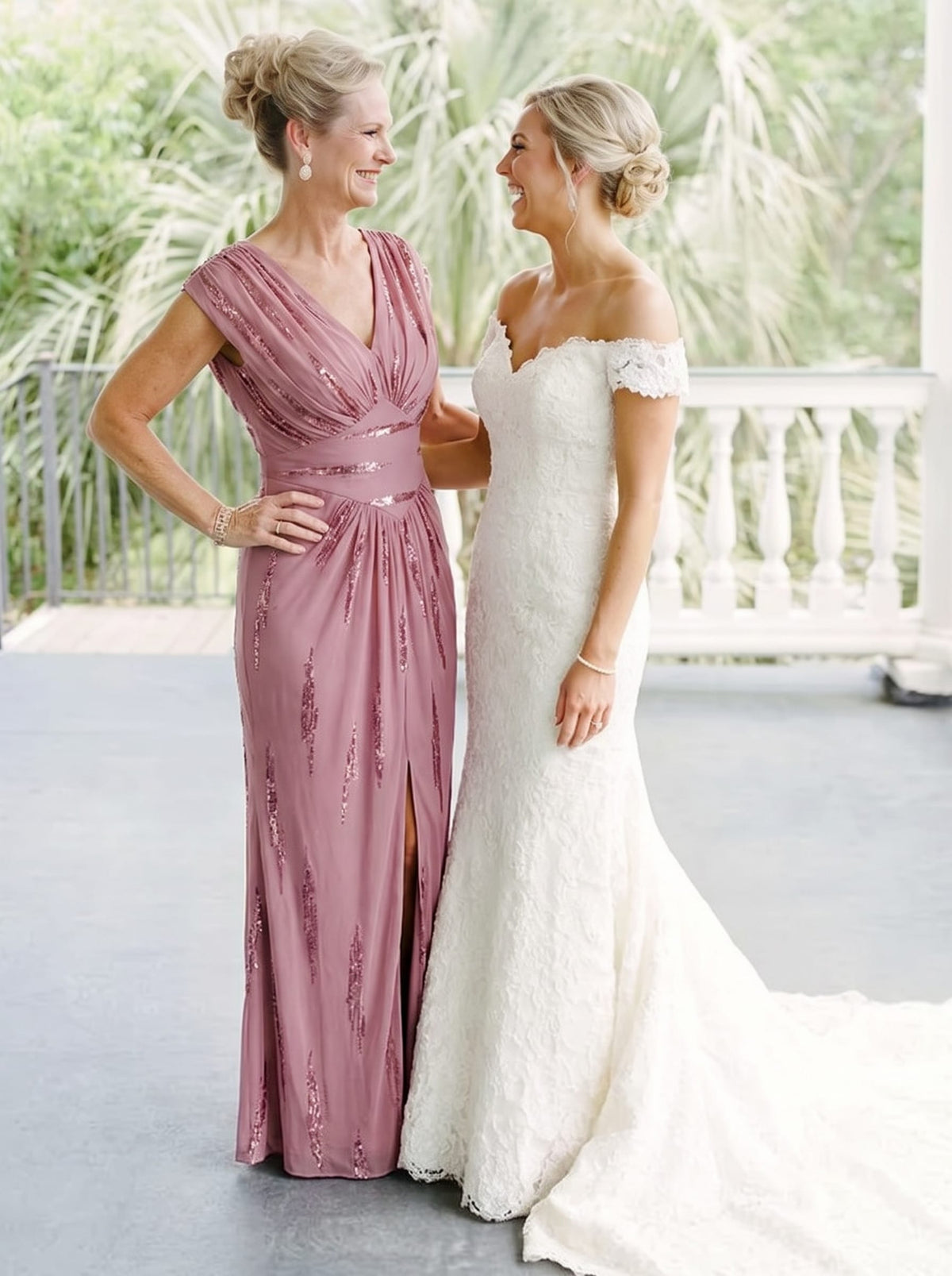 Tulle Sequin V Neck Batwing Sleeve Maxi Mother of the Bride Dress