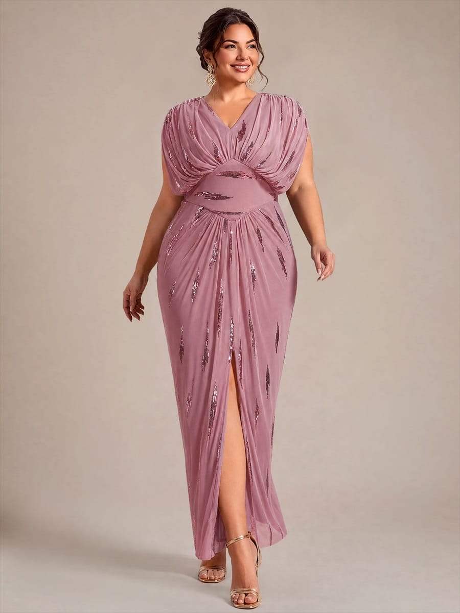 Tulle Sequin V Neck Batwing Sleeve Maxi Mother of the Bride Dress