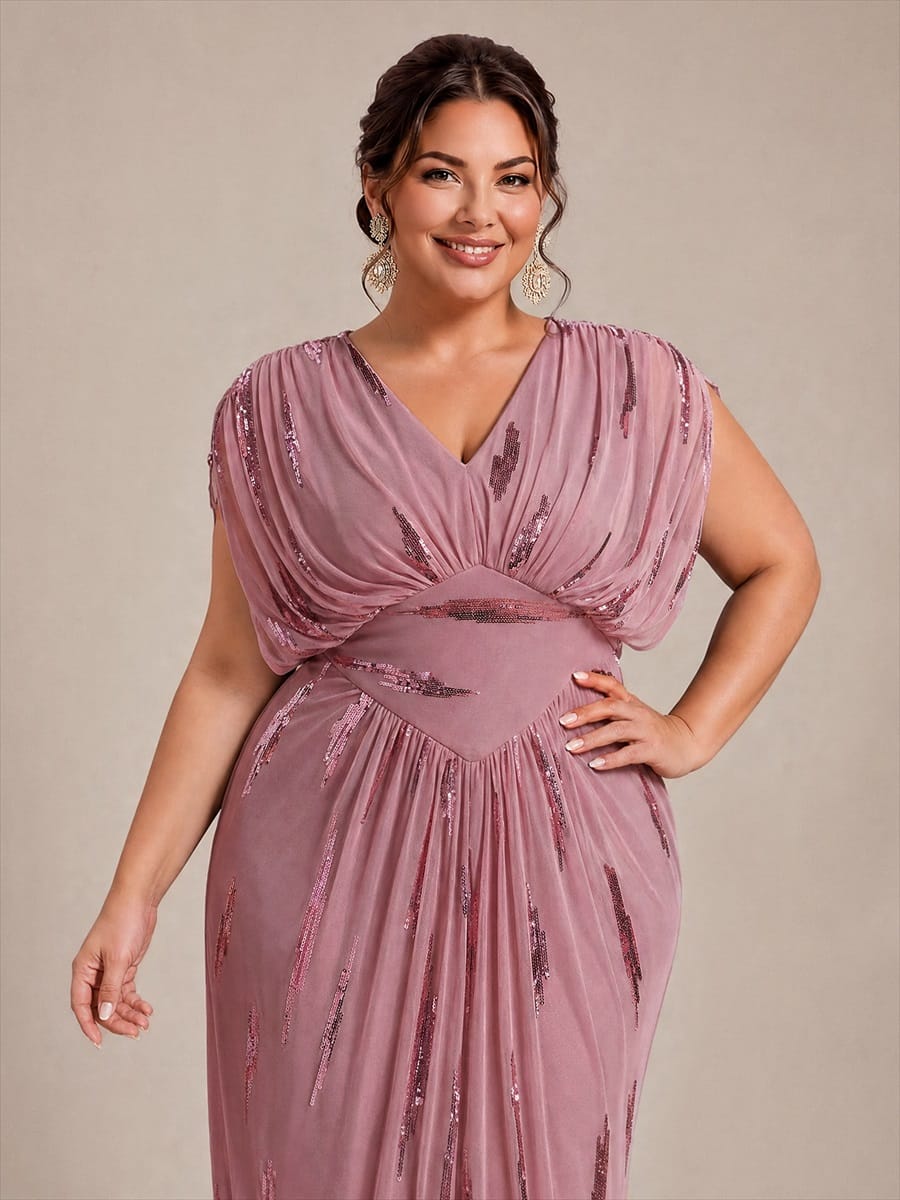 Tulle Sequin V Neck Batwing Sleeve Maxi Mother of the Bride Dress