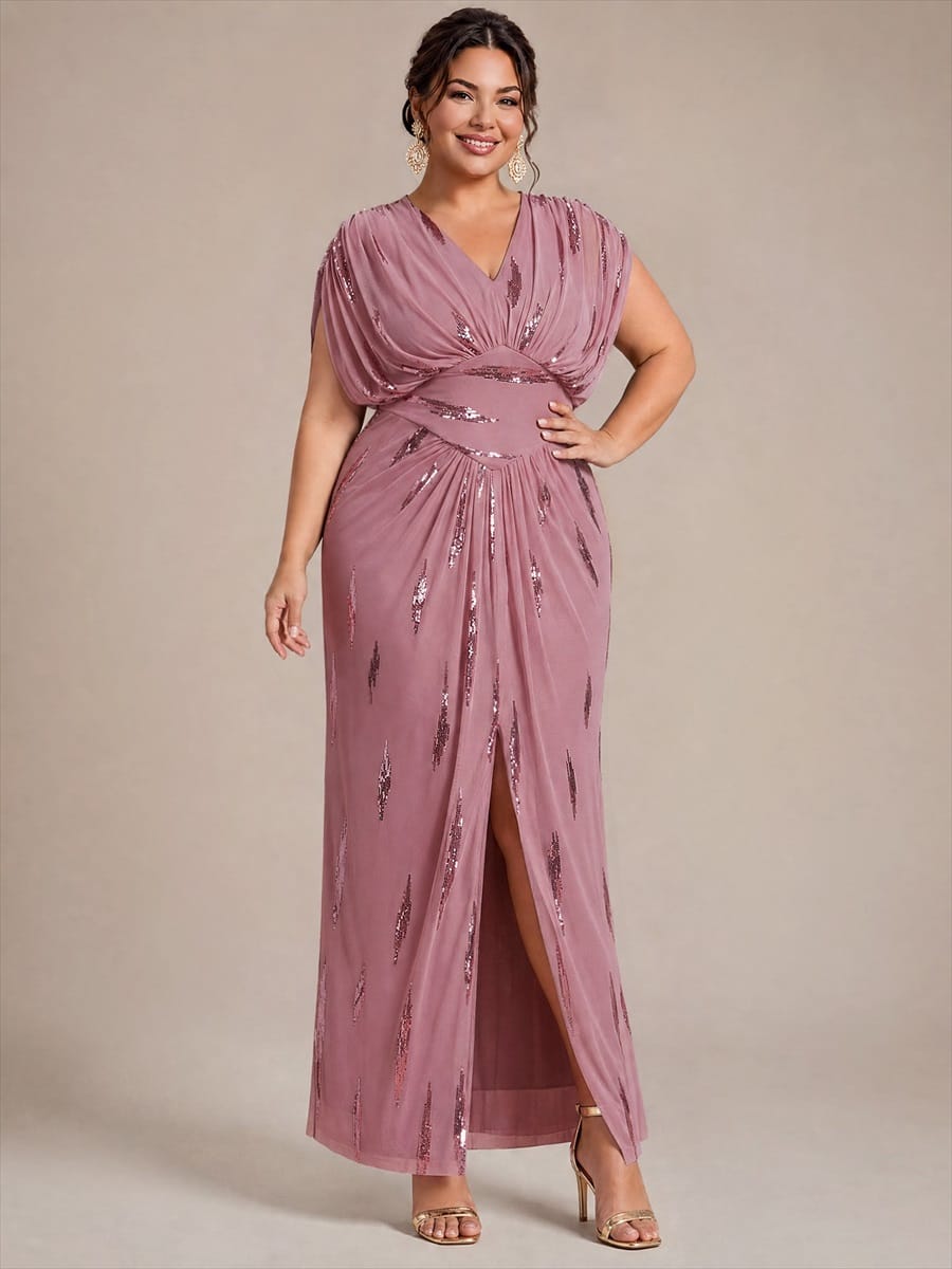 Tulle Sequin V Neck Batwing Sleeve Maxi Mother of the Bride Dress