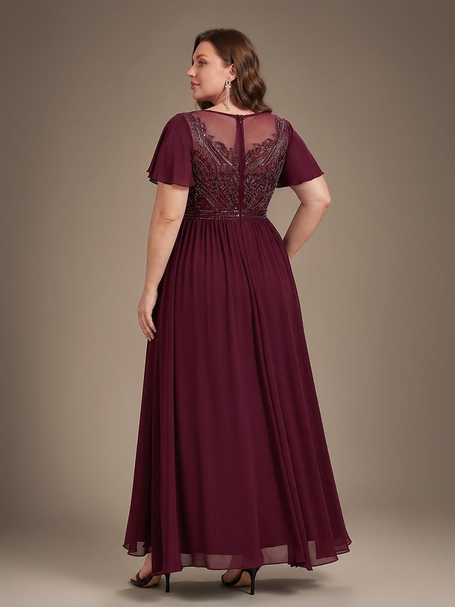 Beaded Tulle A Line Maxi Dress with Ruffle Sleeves