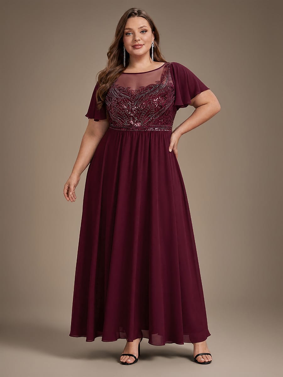 Beaded Tulle A Line Maxi Dress with Ruffle Sleeves
