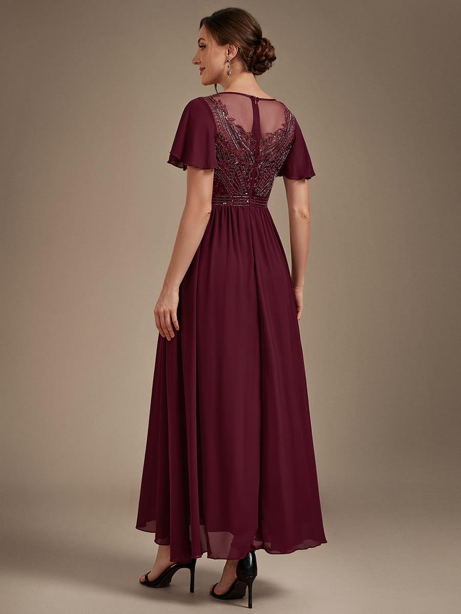 Beaded Tulle A Line Maxi Dress with Ruffle Sleeves