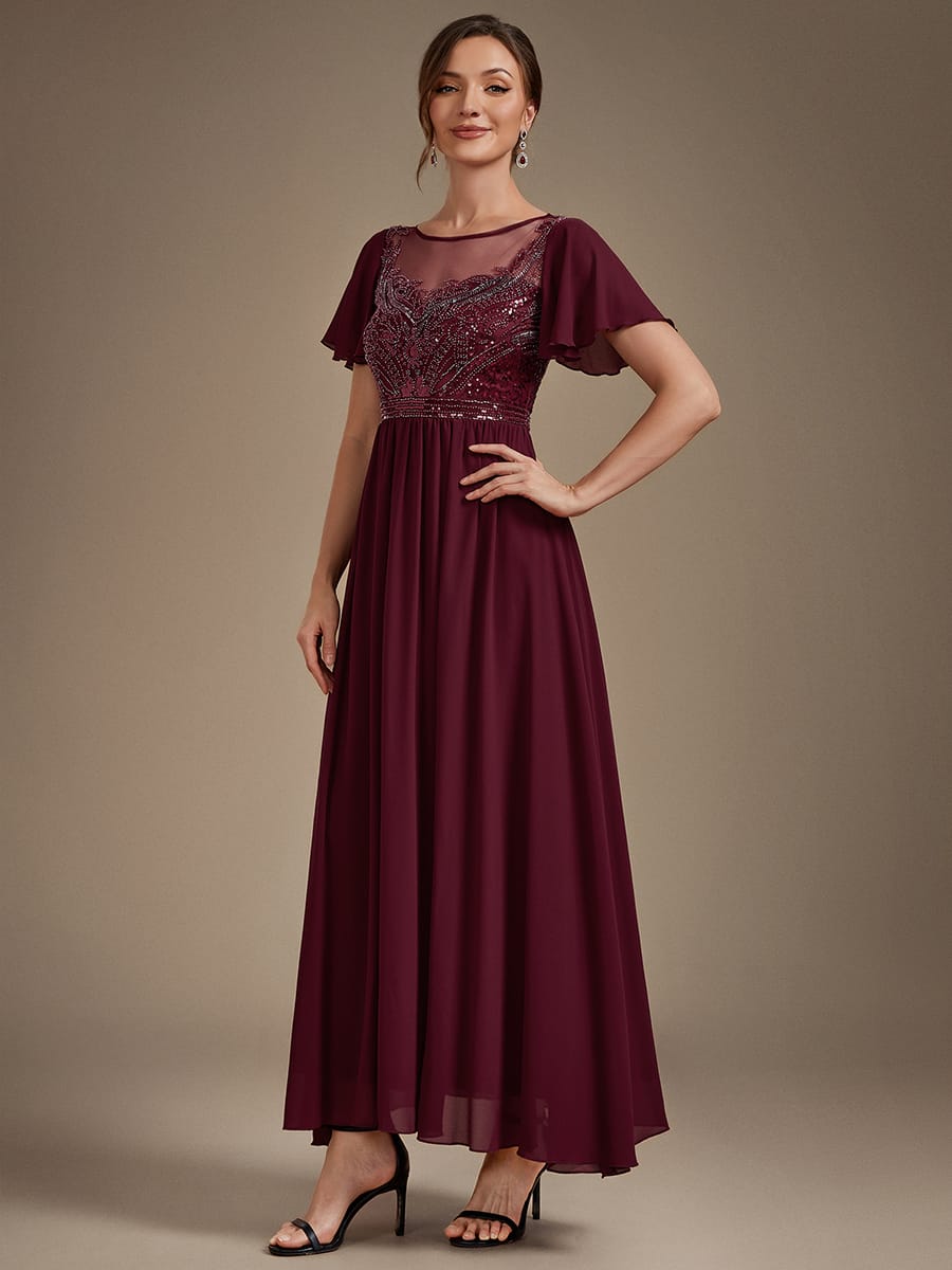 Beaded Tulle A Line Maxi Dress with Ruffle Sleeves
