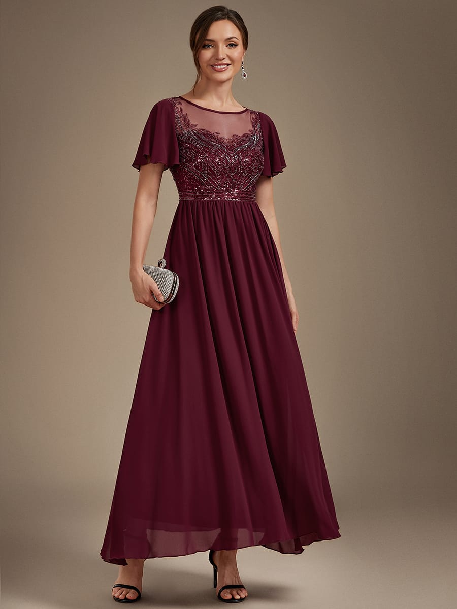 Beaded Tulle A Line Maxi Dress with Ruffle Sleeves