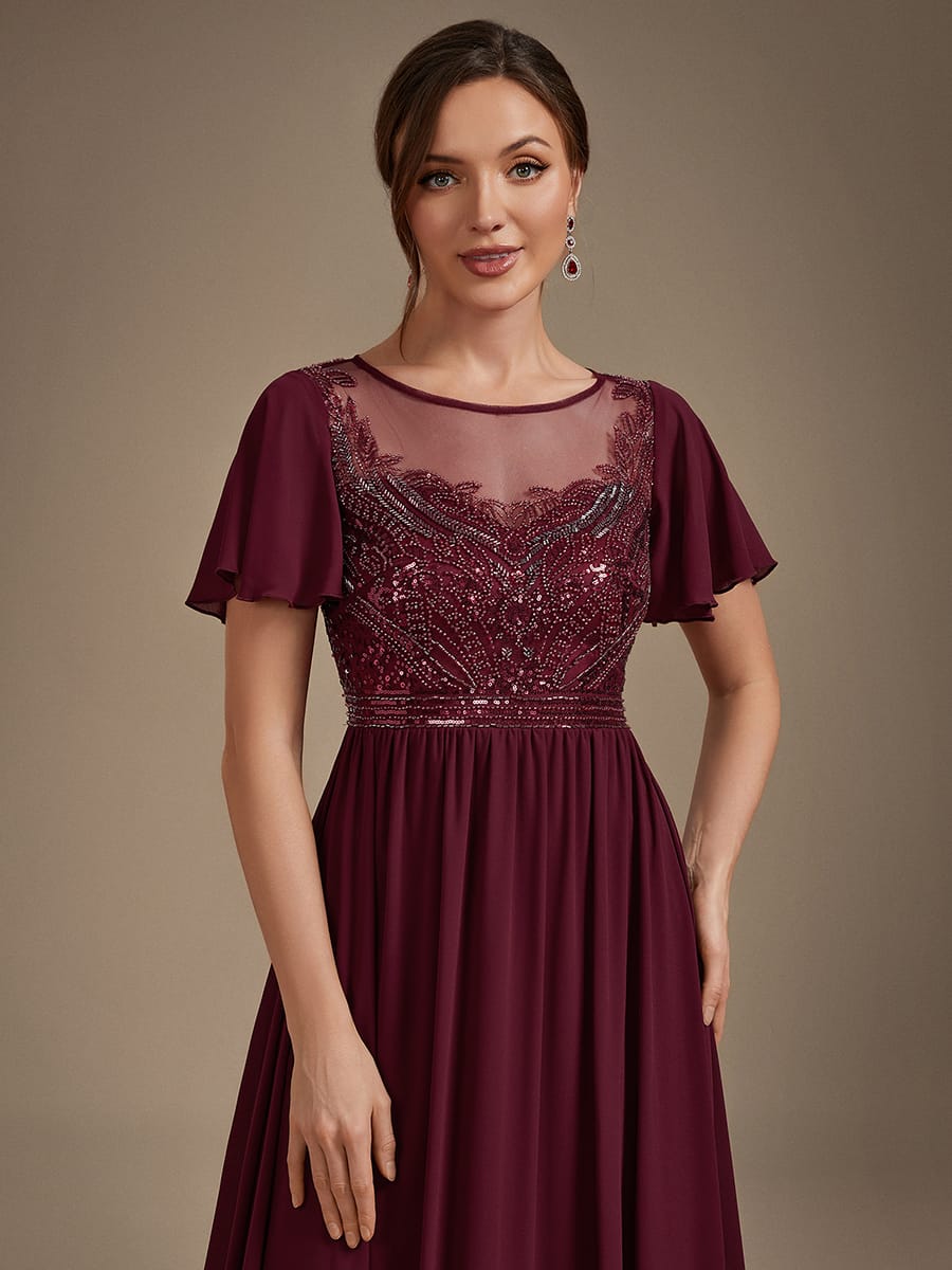 Beaded Tulle A Line Maxi Dress with Ruffle Sleeves