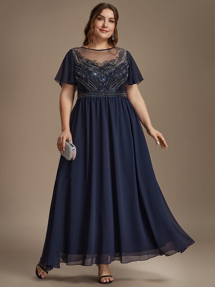 Beaded Tulle A Line Maxi Dress with Ruffle Sleeves