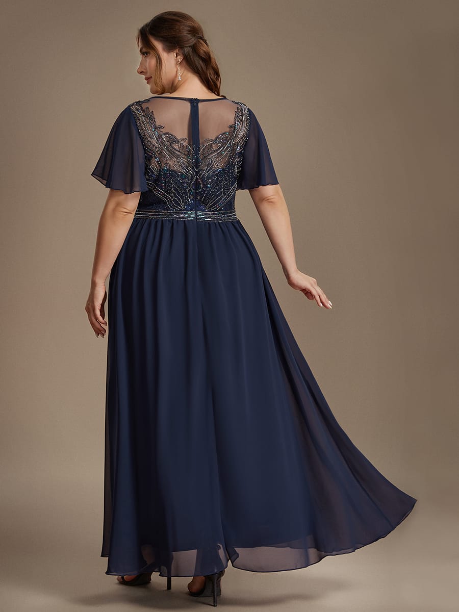 Beaded Tulle A Line Maxi Dress with Ruffle Sleeves