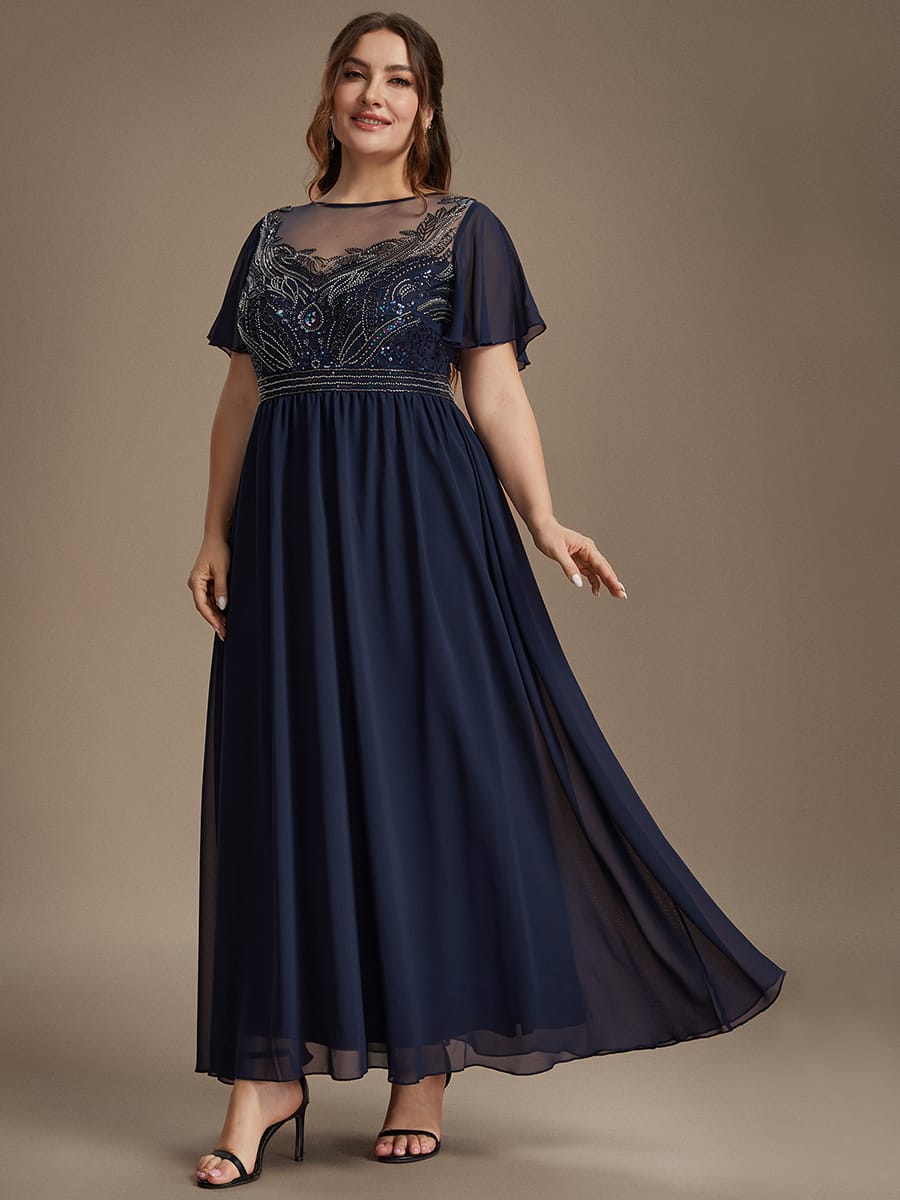 Beaded Tulle A Line Maxi Dress with Ruffle Sleeves