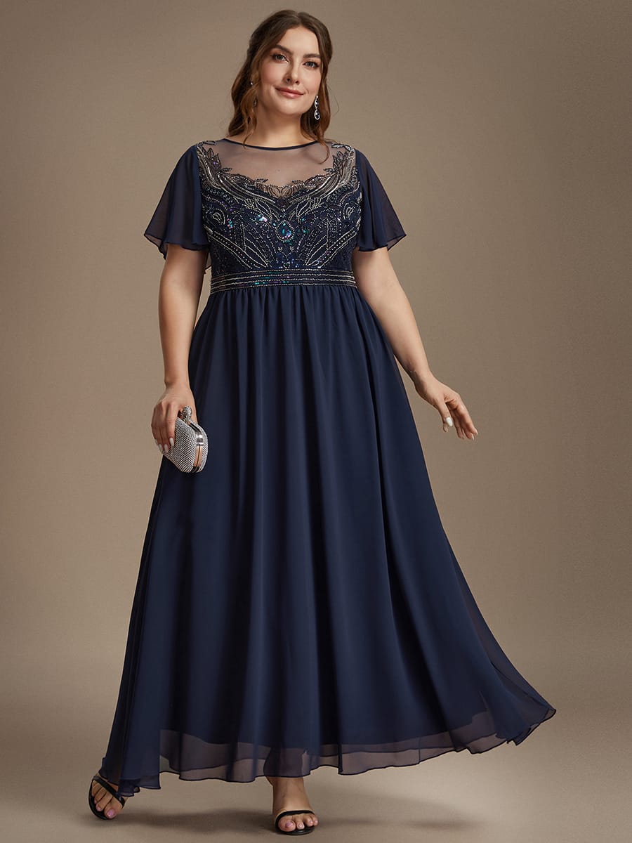 Beaded Tulle A Line Maxi Dress with Ruffle Sleeves
