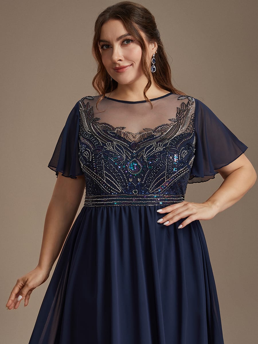 Beaded Tulle A Line Maxi Dress with Ruffle Sleeves