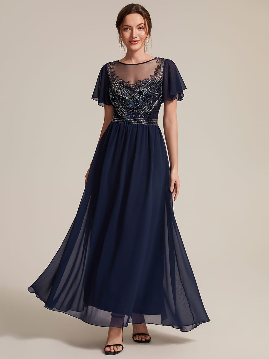 Beaded Tulle A Line Maxi Dress with Ruffle Sleeves