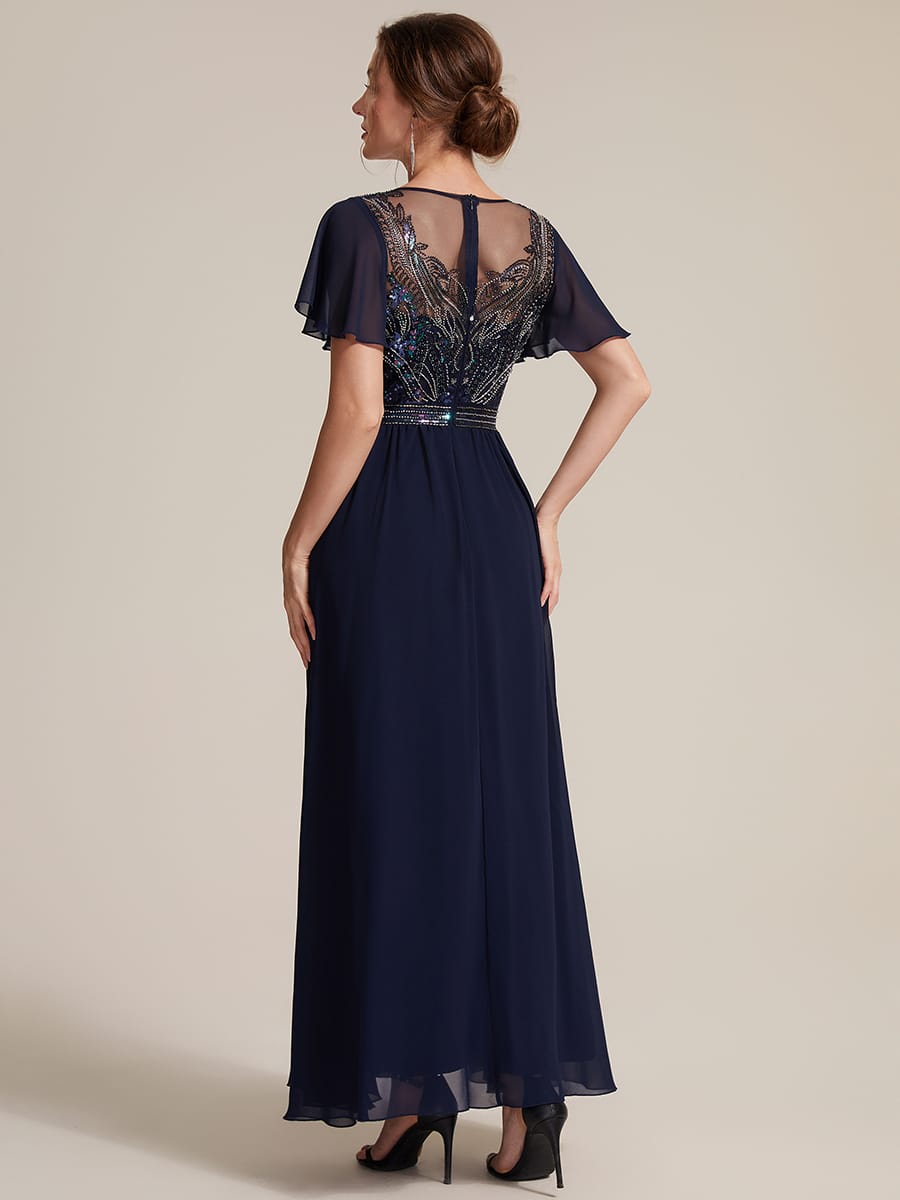 Beaded Tulle A Line Maxi Dress with Ruffle Sleeves