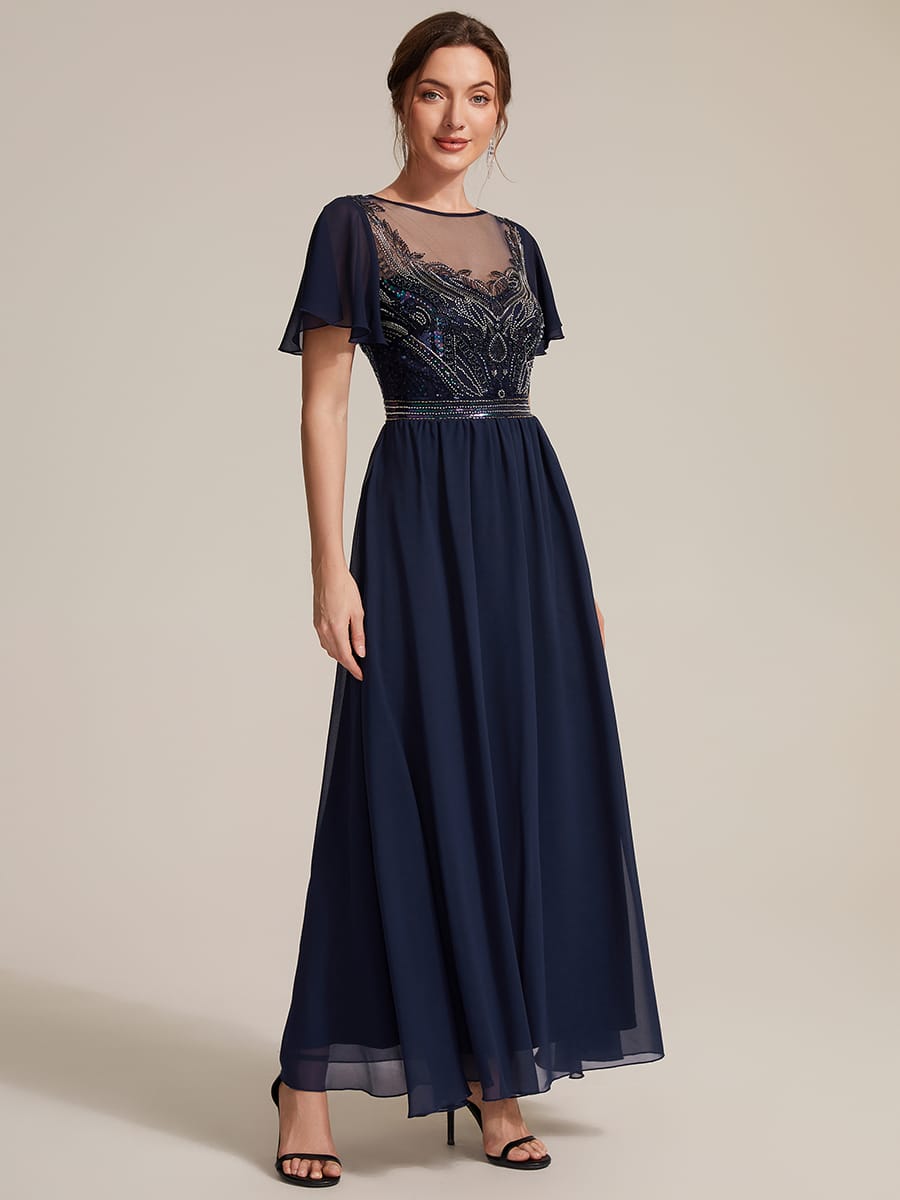 Beaded Tulle A Line Maxi Dress with Ruffle Sleeves