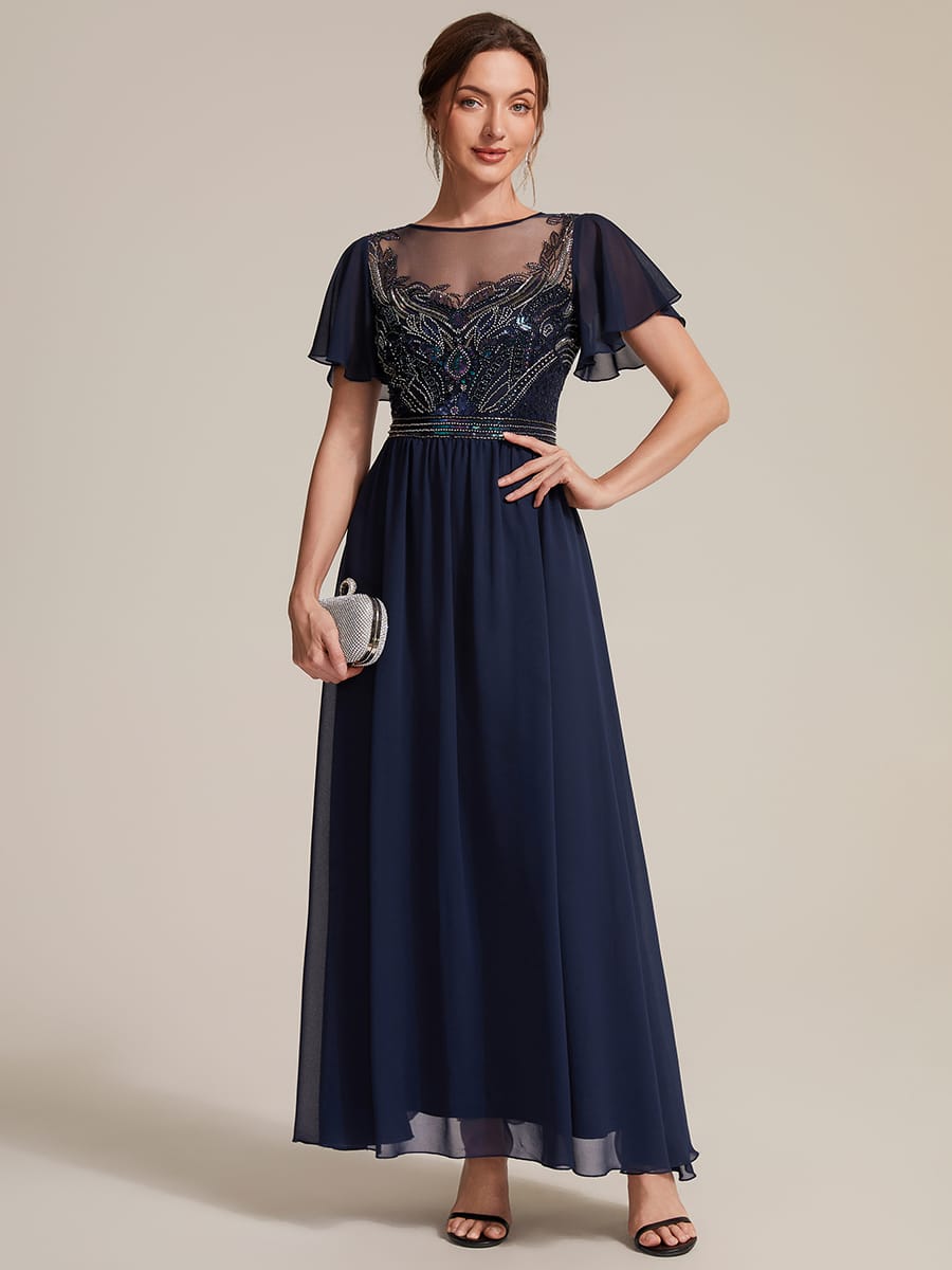 Beaded Tulle A Line Maxi Dress with Ruffle Sleeves