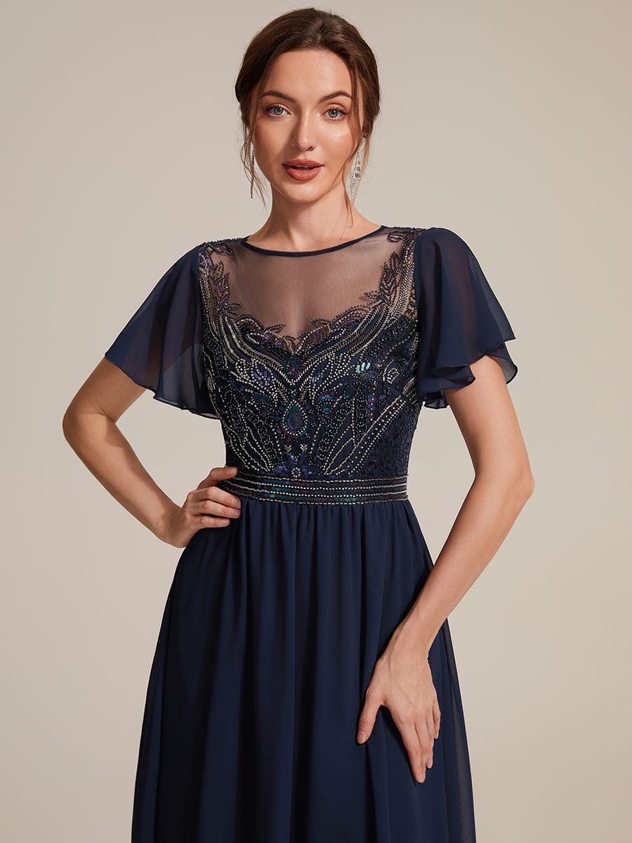 Beaded Tulle A Line Maxi Dress with Ruffle Sleeves