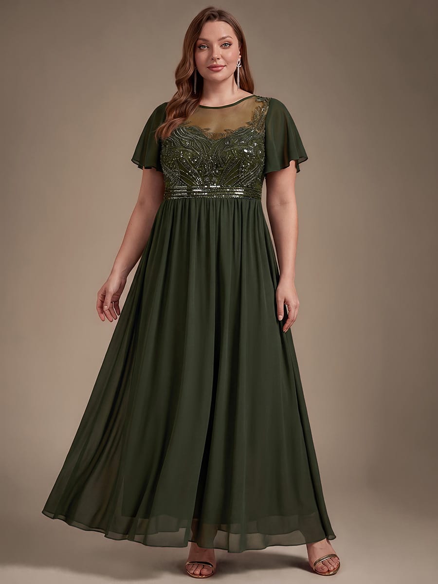 Beaded Tulle A Line Maxi Dress with Ruffle Sleeves