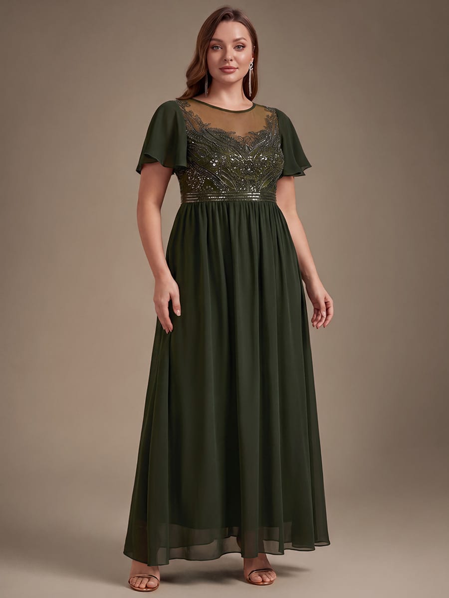 Beaded Tulle A Line Maxi Dress with Ruffle Sleeves