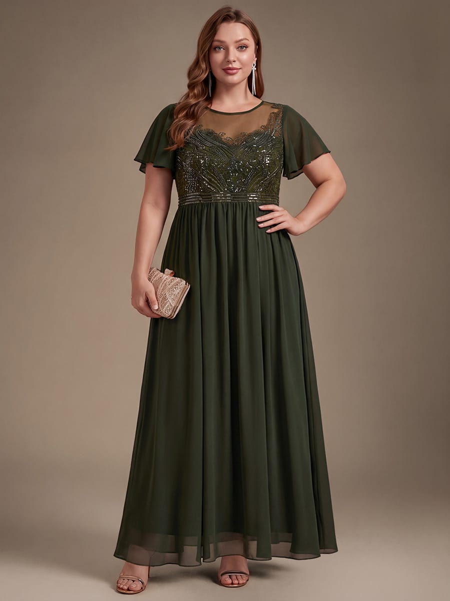 Beaded Tulle A Line Maxi Dress with Ruffle Sleeves