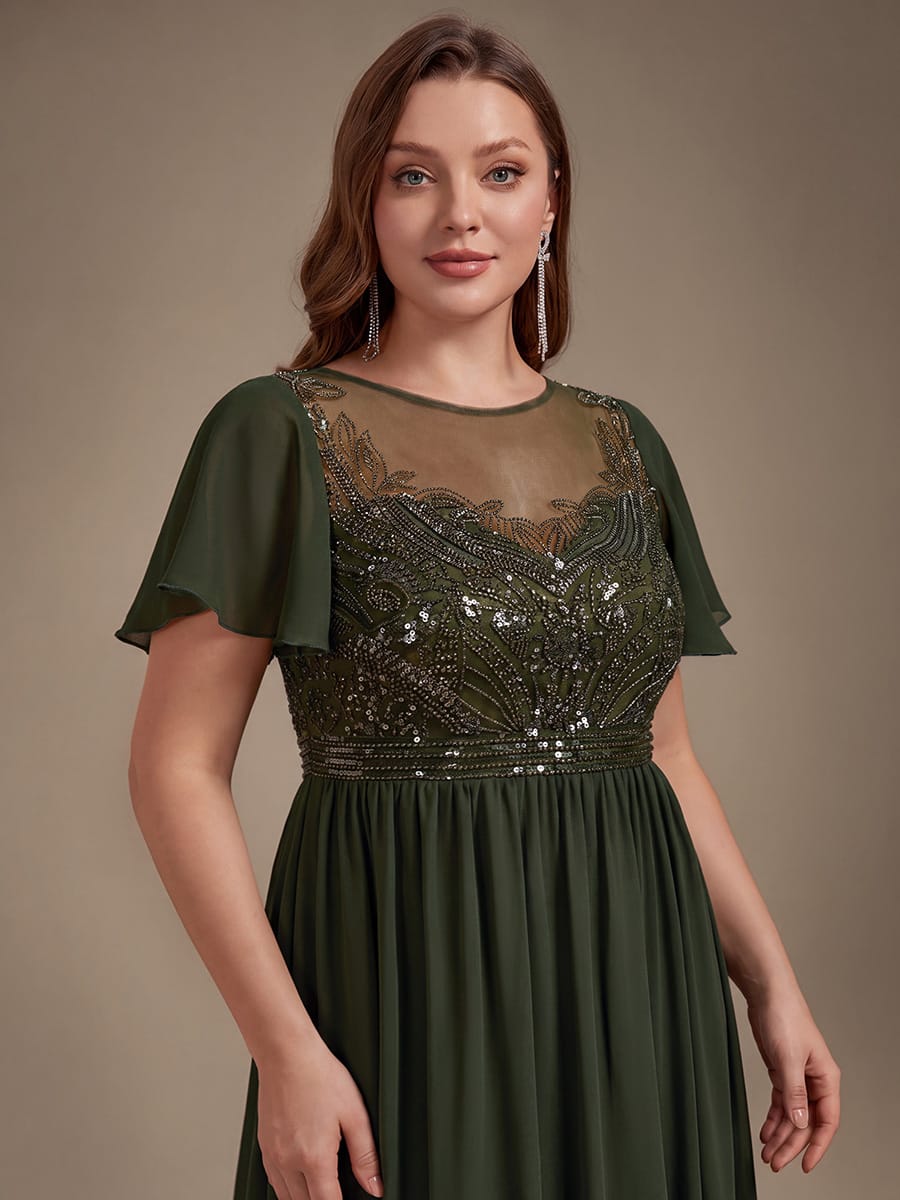 Beaded Tulle A Line Maxi Dress with Ruffle Sleeves