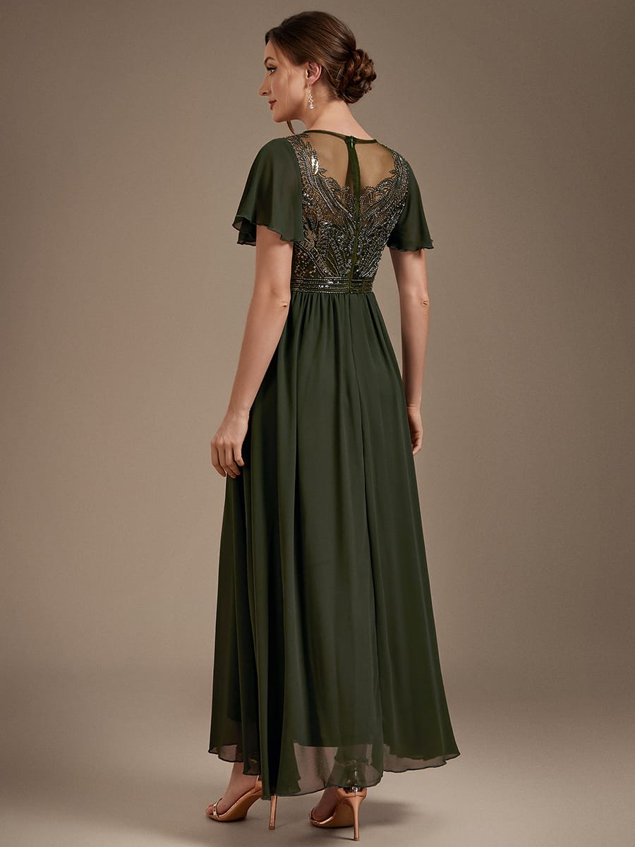Beaded Tulle A Line Maxi Dress with Ruffle Sleeves