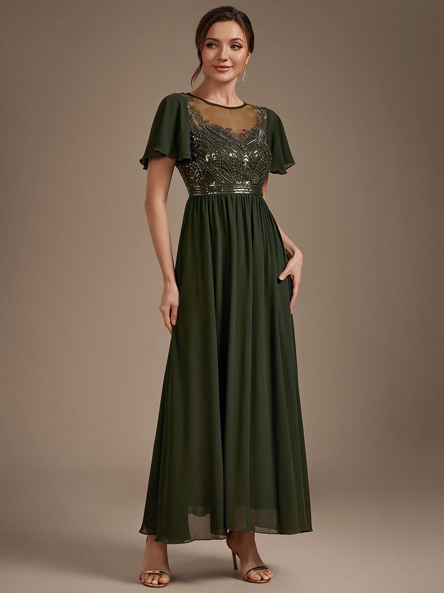 Beaded Tulle A Line Maxi Dress with Ruffle Sleeves