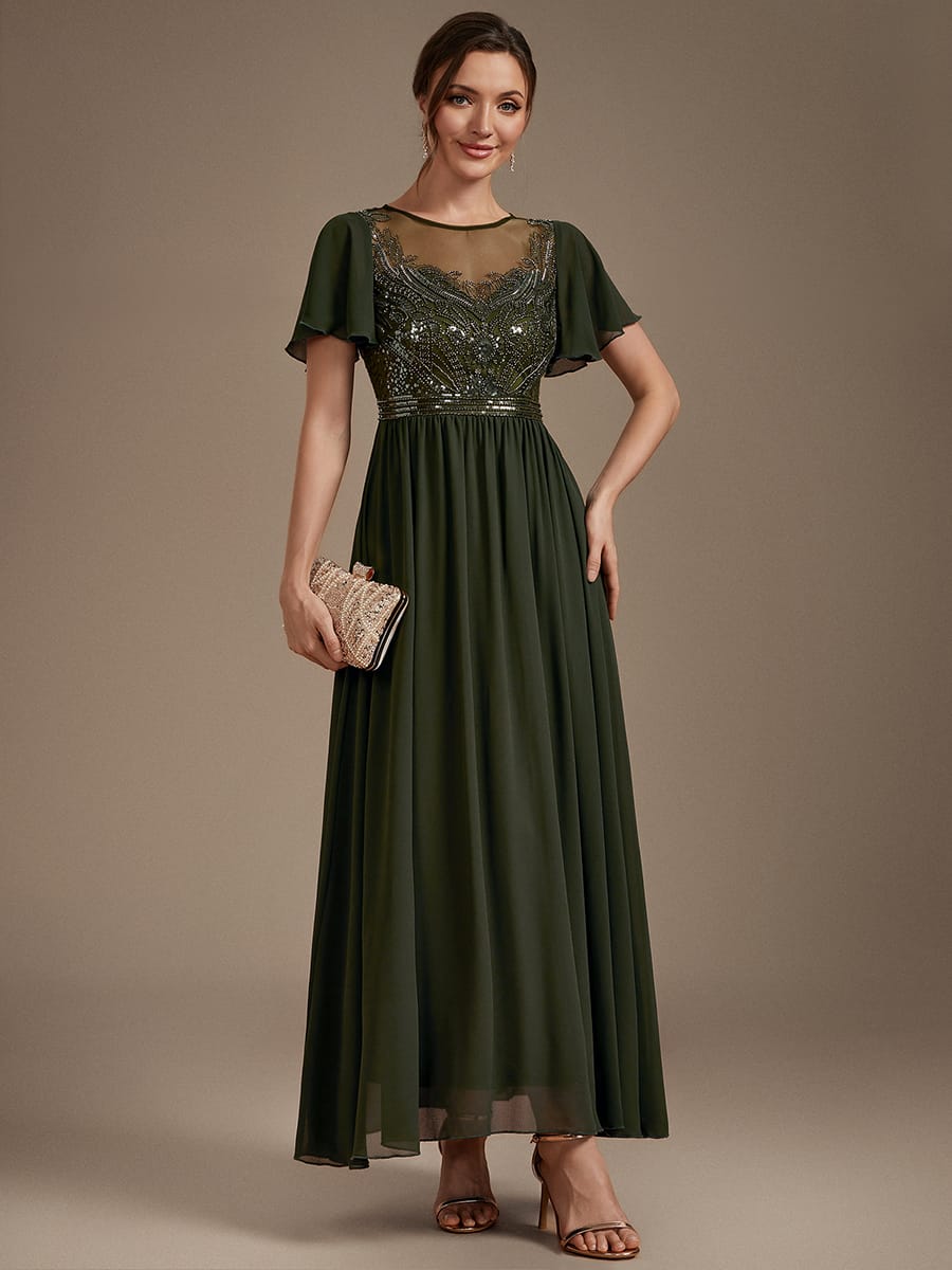 Beaded Tulle A Line Maxi Dress with Ruffle Sleeves