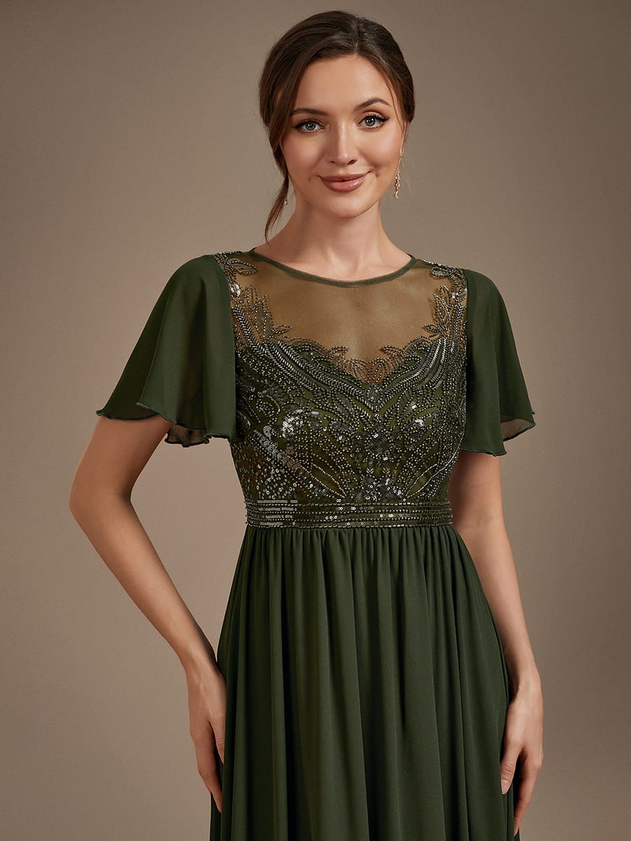 Beaded Tulle A Line Maxi Dress with Ruffle Sleeves